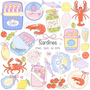 Puede incluir: Ilustración de varios elementos de mariscos, incluyendo sardinas enlatadas, camarones, aceitunas y limones. La imagen presenta colores pastel y lazos decorativos, con la palabra "Sardinas".