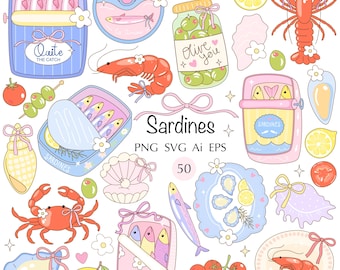 Sardinen Clipart, Girly Fischkonserven, Nautik SVG PNG (digitaler Download)
