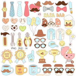 May include: A collection of Father's Day themed illustrations. Includes ties, mustaches, tools, trophies, coffee cups, and the text "DAD" and "PAPA". The color palette is soft, with pastel blues, yellows, and browns. There are also sports-themed hearts and a baseball.