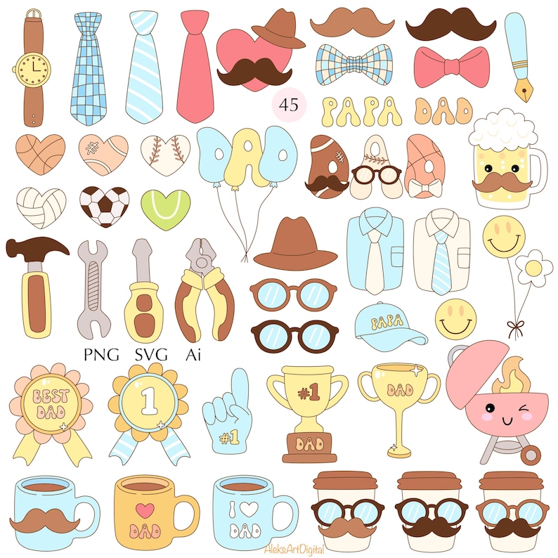 May include: A collection of Father's Day themed illustrations. Includes ties, mustaches, tools, trophies, coffee cups, and the text "DAD" and "PAPA". The color palette is soft, with pastel blues, yellows, and browns. There are also sports-themed hearts and a baseball.
