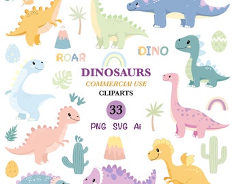 Dinosaurs clipart, pastel colored dinosaur set PNG, baby dinosaurs printable drawing SVG, digital graphic bundle.Digital image of a dinosaur