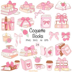 Kokette Bücher 24 SVG Clipart mit niedlichen rosa Schleifen PNG Rosen Perlenperlen und Kaffee mädchenhaftes Set für Buchliebhaber handgezeichnete Vektorillustrationen