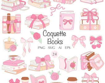 Coquette books 24 SVG clipart with cute pink bows PNG roses pearl beads and coffee girly set for book lovers hand drawn vector illustrations