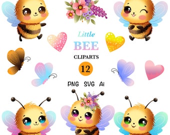 Сute baby bee clipart SVG hand drawing, transparent background, butterfly heart bundle PNG, bee digital clipart, honey bee garden clipart