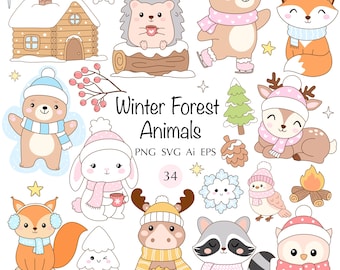 Winter Tier Clipart 34 SVG - Gemütliche Waldkreaturen PNG Illustrationen, Wald Winter Vektor-Elemente
