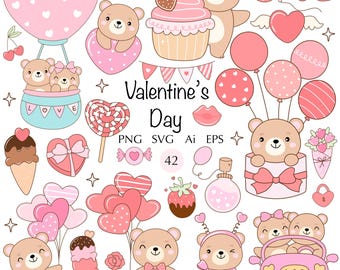 Valentine's Day Bear 42 Clipart Cute Love Teddy PNG Graphics: Set of Kawaii Hearts AI Balloons EPS Illustrations