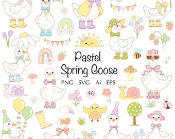 かわいいガチョウのクリップアートセット：パステルカラーの春の庭のイラスト（SVG、PNG）