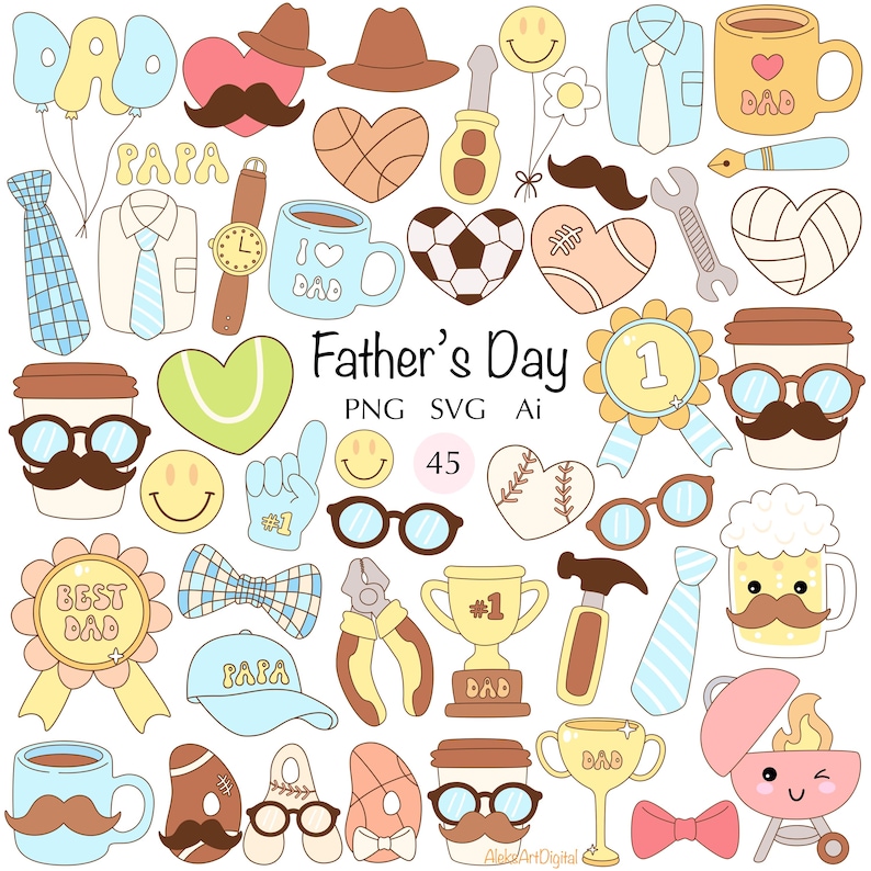 May include: A collection of Father's Day themed illustrations in pastel colors. Includes hats, mustaches, hearts, tools, coffee cups, and the text "Father's Day". The image also contains the words "DAD" and "PAPA".