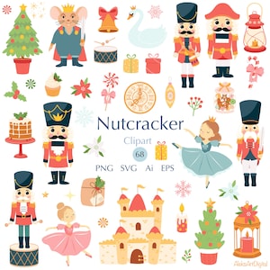 Quebra-nozes SVG Clipart 68 Elementos Digitais de Natal Castelo, Bailarina, Relógio Vintage, Árvore de Natal, Ilustrações de Férias PNG