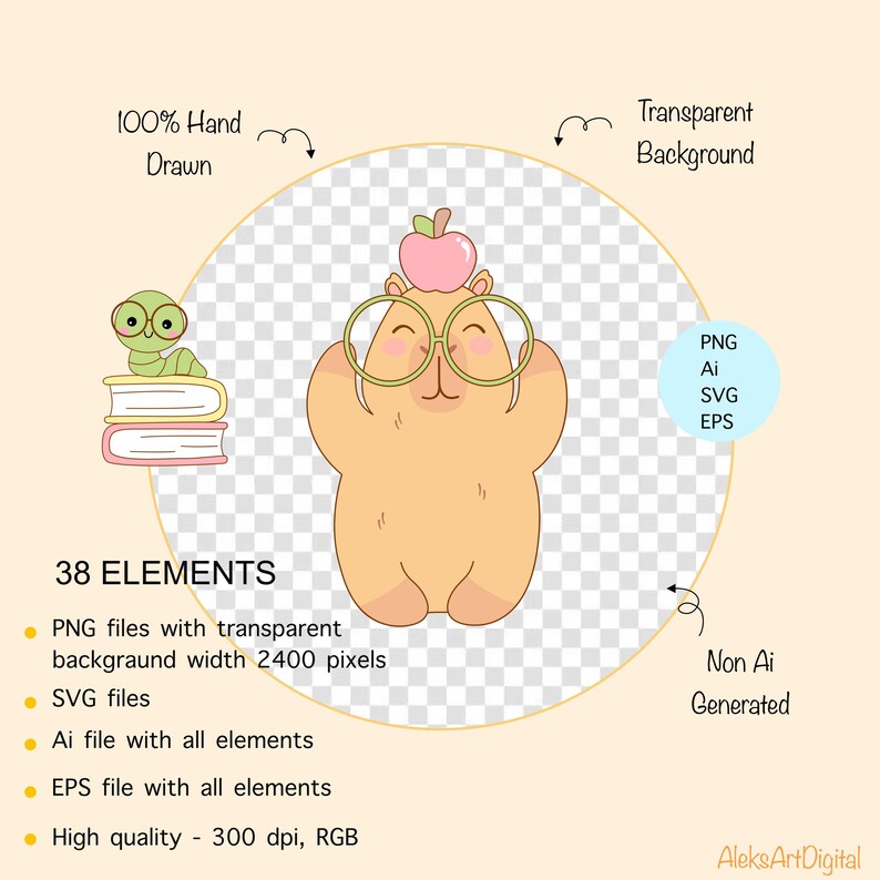 May include: A digital illustration featuring a cartoon character with glasses and an apple on its head. A green worm sits atop a stack of books. The image includes text indicating it is 100% hand-drawn and has a transparent background. The image is available in PNG, AI, SVG, and EPS formats.