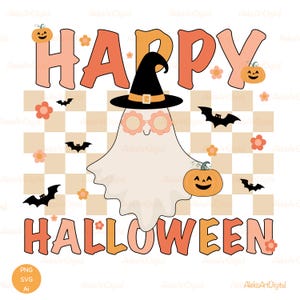 Cute Retro Halloween ghost svg, Groovy Halloween clipart in cartoon flat style, Cute ghost svg, Retro ghost clipart, Girly Halloween png