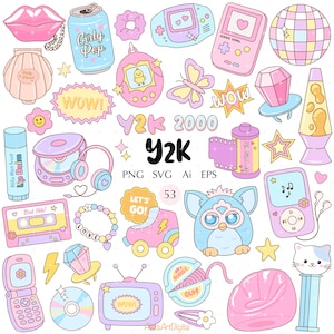 May include: A collection of Y2K-themed digital stickers featuring a flip phone, cassette tape, handheld game console, lava lamp, roller skate, disco ball, lip balm, headphones, camera film, and a robotic toy, with text including Y2K, 2000, and Let's Go.