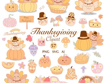 May include: A set of 57 Thanksgiving clipart images featuring turkeys, pumpkins, pies, and other fall-themed elements. The images are in a cute, cartoon style and are perfect for creating Thanksgiving crafts, cards, and decorations.