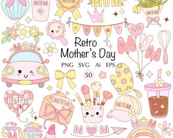May include: A collection of retro-style Mother's Day illustrations in pastel colors. Includes a car, flowers, balloons, a crown, a ribbon, a banner, a lipstick, a bow, a mitt, a hat, and the words "MUM" and "Best Mum".