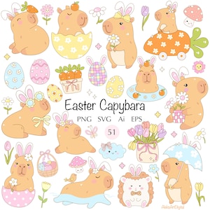 Ostern Capybara 51 SVG Clipart Retro Groovy Frühling Süß Kawaii Capybara Garten Blume Hoppy Ostereier Bundle Natur Cartoon Capybaras PNG