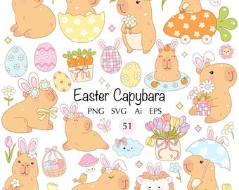 Easter Capybara Clipart Bundle: Retro Groovy Spring Graphics (SVG, PNG)