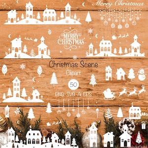 May include: A selection of white Christmas-themed clipart elements, including houses, trees, snowflakes, and decorative ornaments, arranged on a wooden background. The text "Merry Christmas" and "Christmas Scene Clipart" are also visible.