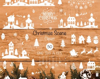 Christmas Scene SVG Clipart: Winter Village Vector Graphics (Digital Download)
