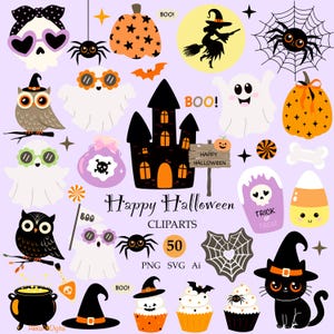 Leuke Halloween-clipartset, vectorspook, pompoen, uil (PNG, SVG, AI)