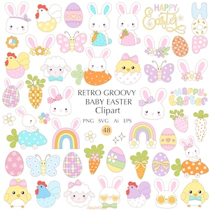 Retro Groove Baby Ostern Clipart 48 SVG süße Frühlingshasen Lamm PNG Bündel Küken und Eier Schmetterling in sanften Pastellfarben Vektor-Bundle