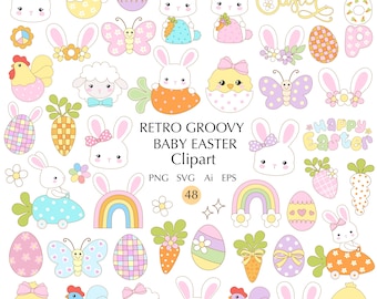 Retro Easter Clipart: Pastel Bunnies, Chicks, Lambs (SVG, PNG)