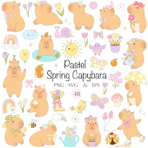 Retro Frühling Capybara 48 SVG Pastellfarben, süße Groove Cartoon Baby Capybara Kawaii digitales Bündel, lustige Tiere Vektor-Set