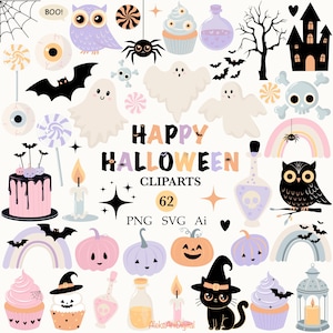Halloween Pastell Bundle SVG, niedliche Halloween Clipart in sanften Pastellfarben PNG, Set von Halloween-Vektorgrafiken