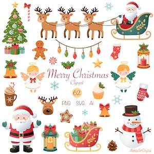Cute Christmas clipart SVG, bundle PNG for the New Year Santa with reindeer, snowman, Christmas tree, Christmas sweets, New Year's lights