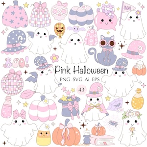 Pink Halloween Clipart: Retro Groovy Ghost SVG, PNG Bundle (Digital Download