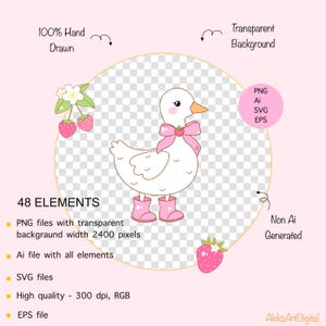 May include: A digital illustration of a white goose wearing pink boots and a pink bow. The goose is surrounded by pink flowers and strawberries. The image is on a transparent background.