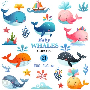 Bébé baleine Clipart SVG, ensemble de mignon bébé baleine PNG dans un Style Aquarelle, illustrations numériques lumineuses et colorées dessinées à la main. Lot Baleine