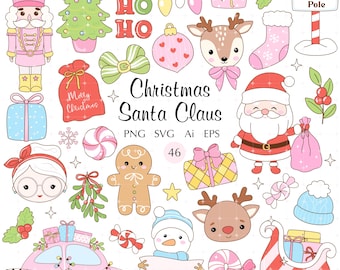 Puede incluir: Una colección de ilustraciones digitales con temática navideña que incluye un cascanueces, Santa Claus, un hombre de jengibre, un muñeco de nieve, un reno, un coche rosa, un trineo, regalos, dulces y vegetación navideña con el texto Christmas Santa Claus.