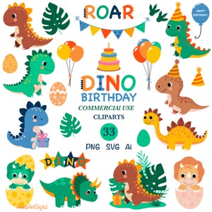 恐竜の誕生日クリップアート SVG、子供の誕生日のための赤ちゃん恐竜バンドル、恐竜ステッカーセット PNG、デジタルベビーシャワーのイラスト
