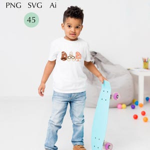 May include: A young child wearing a white t-shirt with a graphic of a mustache, glasses, and a tie. The child is holding a light blue skateboard with pink wheels. The words "Father's Day" and "45" are visible.