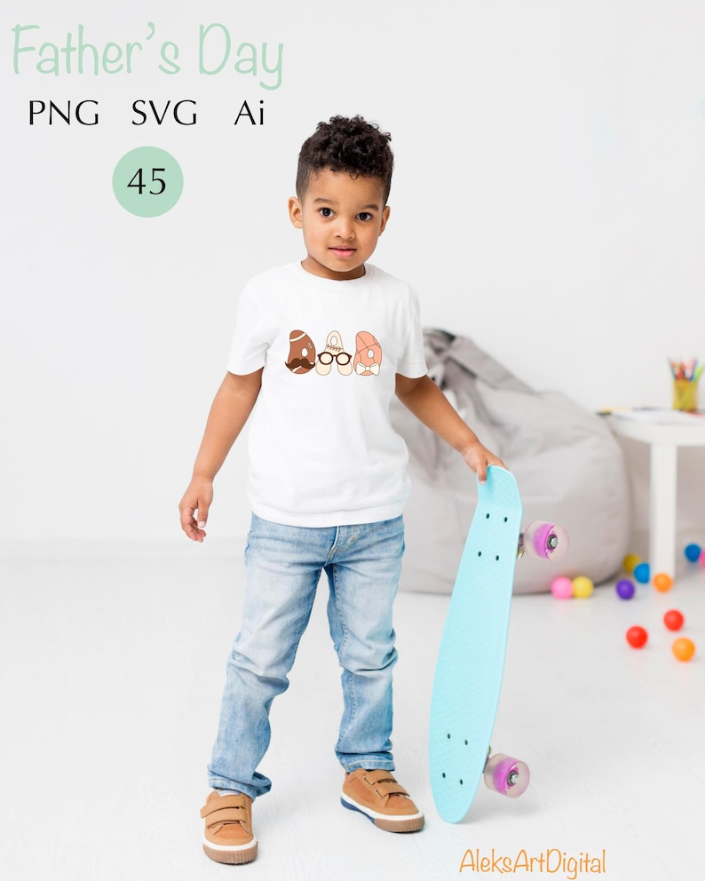 May include: A young child wearing a white t-shirt with a graphic of a mustache, glasses, and a tie. The child is holding a light blue skateboard with pink wheels. The words "Father's Day" and "45" are visible.
