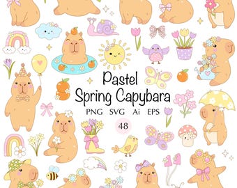 Pastel Spring Capybara SVG Bundle, Retro Cartoon Clipart (Digital Download)