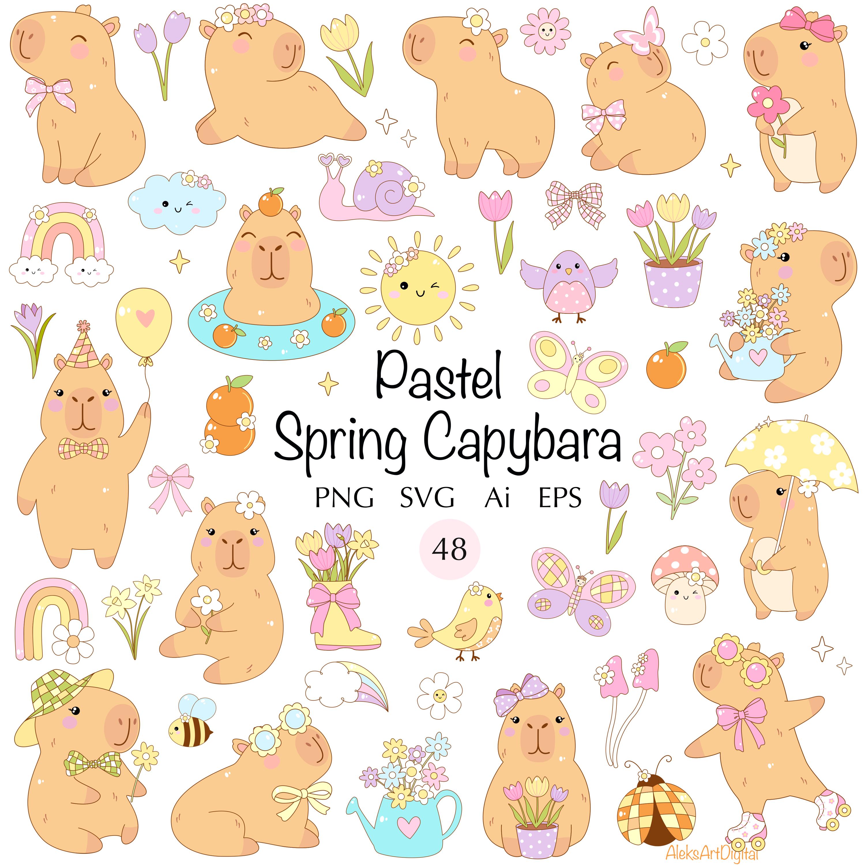 Spring Capybara Printable Pastel Spring Capybara SVG Bundle, Retro Cartoon Clipart (digital ...