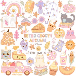 Clipart SVG automne rétro, clipart bébé automne confortable dans des couleurs pastel Style rétro des années 70, ensemble de jolies illustrations numériques automne automne vectorielles