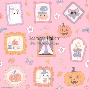 May include: A seamless pattern featuring Halloween-themed illustrations on a pink background. The design includes framed images of a ghost, pumpkin, and bat, along with keys, flowers, and stars. The text "Seamless Pattern" is also included.