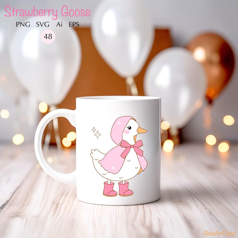 May include: A white mug with a pink goose wearing a pink hooded cape and pink boots. The goose has a pink bow around its neck. The mug is on a wooden surface with a blurry background of white balloons.