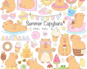 Summer Capybara Clipart: 50 Pastel Stickers, Kawaii PNG SVG (Digital Download)