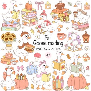 May include: A digital illustration featuring cartoon geese reading books, surrounded by fall-themed elements like pumpkins, leaves, and coffee cups. The text "Fall Goose reading" is displayed. The image is in PNG, SVG, Ai, and EPS formats.