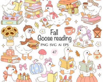 May include: A digital illustration featuring cartoon geese reading books, surrounded by fall-themed elements like pumpkins, leaves, and coffee cups. The text "Fall Goose reading" is displayed. The image is in PNG, SVG, Ai, and EPS formats.