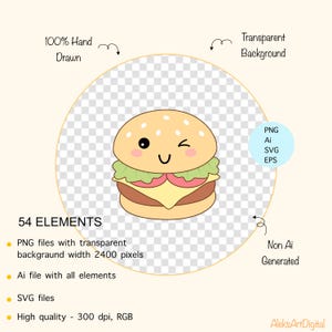 Puede incluir: Ilustraci&oacute;n de una hamburguesa de dibujos animados con una cara sonriente y un gui&ntilde;o. La imagen incluye el texto "100% Hand Drawn", "Transparent Background" y "54 Elements". Disponible en formatos PNG, AI, SVG y EPS. No generado por IA.