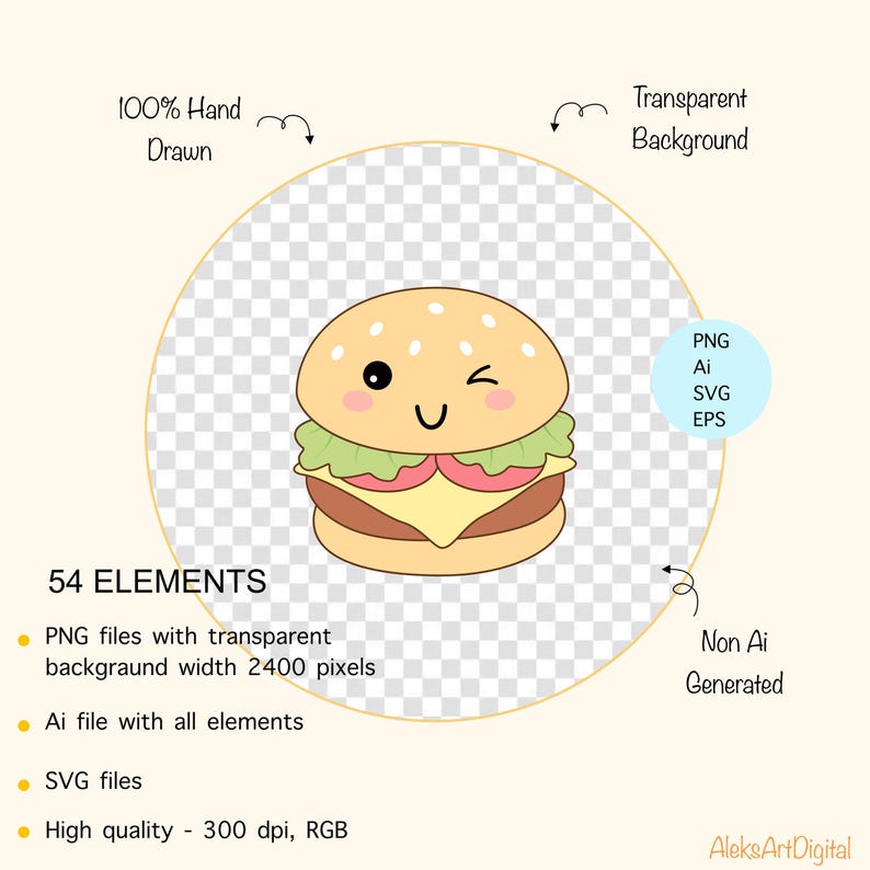 Puede incluir: Ilustraci&oacute;n de una hamburguesa de dibujos animados con una cara sonriente y un gui&ntilde;o. La imagen incluye el texto "100% Hand Drawn", "Transparent Background" y "54 Elements". Disponible en formatos PNG, AI, SVG y EPS. No generado por IA.