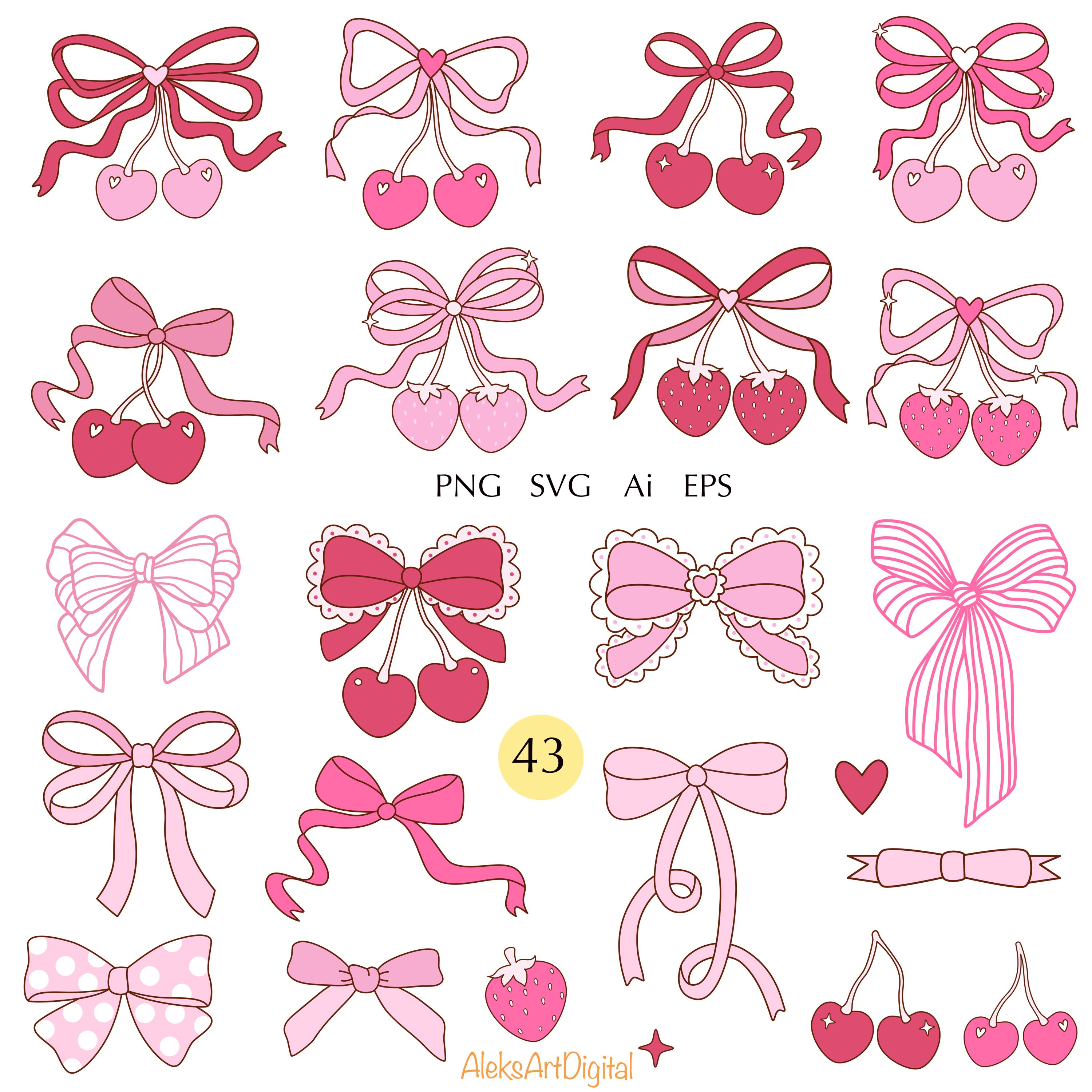 Pink Coquette Bow Clipart: Cherry & Strawberry Ribbon Frames (SVG, PNG ...