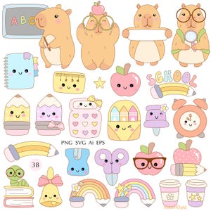 May include: A collection of cute, cartoon-style school-themed illustrations. Includes smiling capybaras, apples, pencils, a ruler, a notebook, a bell, scissors, a rainbow, and coffee cups. The word "SCHOOL" is written on a pencil.