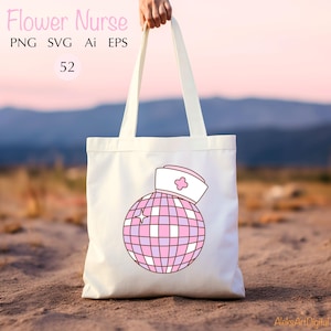May include: A white tote bag with a pink and white disco ball design. The disco ball has a pink nurse's hat on top with a white cross. The text "Flower Nurse" is at the top of the bag.