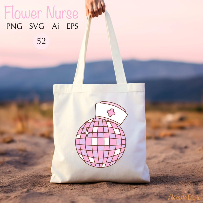 May include: A white tote bag with a pink and white disco ball design. The disco ball has a pink nurse's hat on top with a white cross. The text "Flower Nurse" is at the top of the bag.