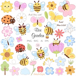May include: A collection of cute cartoon illustrations featuring bees, butterflies, ladybugs, flowers, and a smiling sun. The phrase "Bee Garden" is displayed in black text, along with "Awh! How cute!" and file type information.